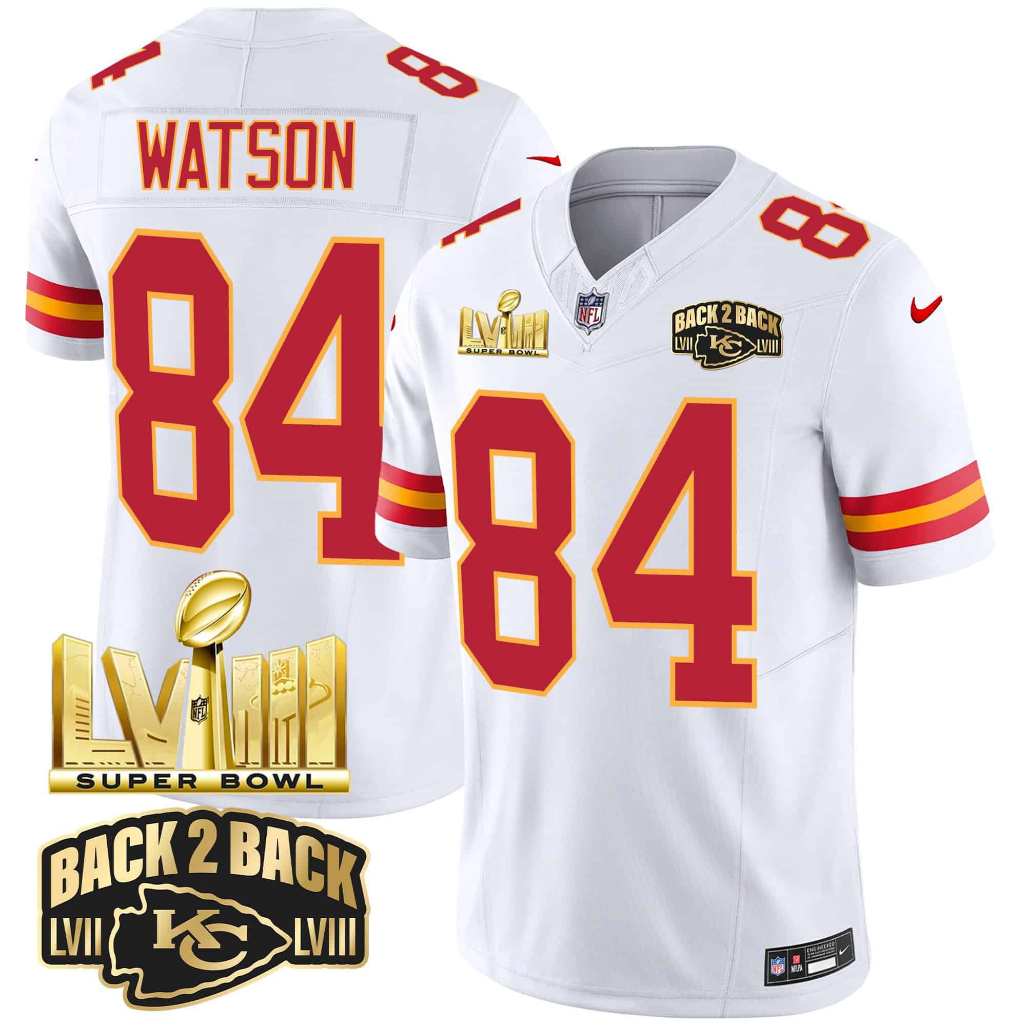 Men Kansas City Chiefs #84 Watson White 2024 Nike Super Bowl LVIII & Back-2-Back Gold Patch Vapor NFL Jersey